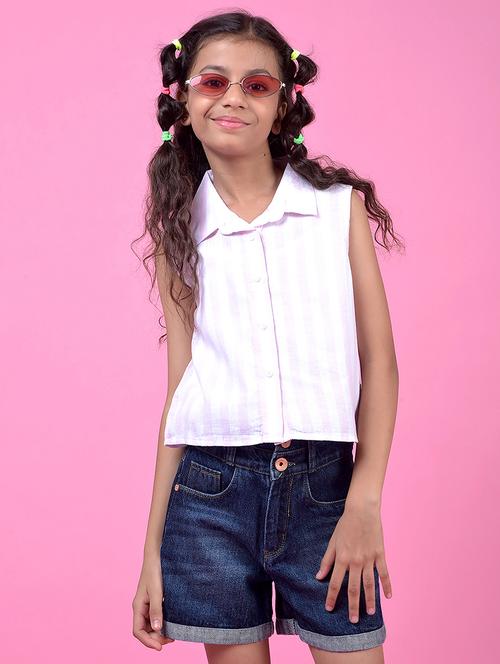 girls white striped collared sleeveless shirrt  - 21985421 -  Standard Image - 0