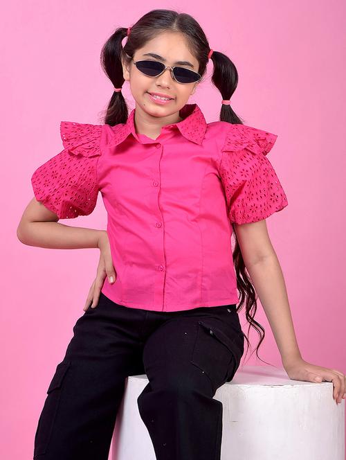 girls pink solid collared puff sleeve shirt - 21985423 -  Standard Image - 0