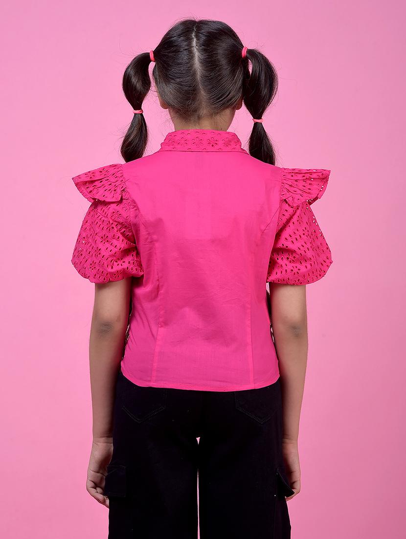 girls pink solid collared puff sleeve shirt - 21985423 - Standard Image - 3