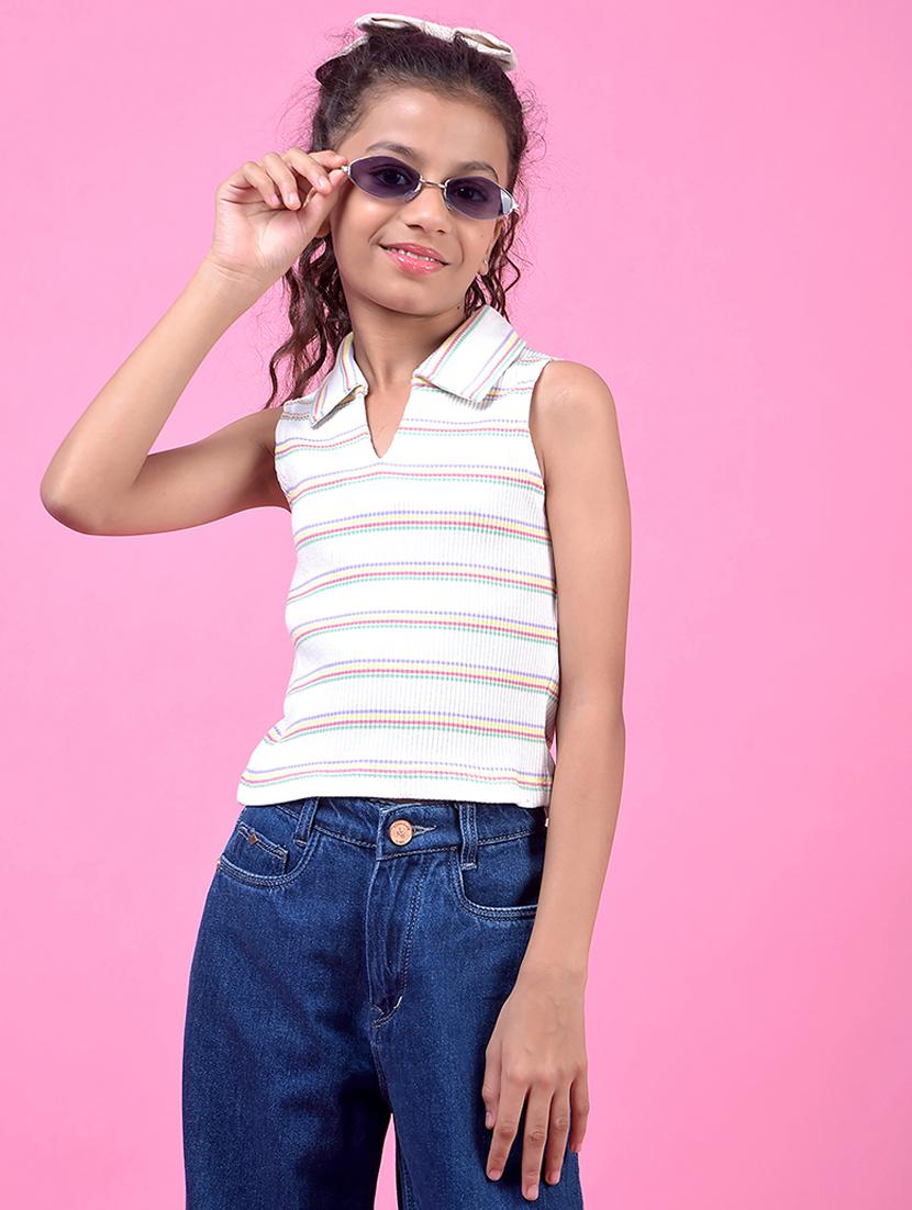 girls striped sleeveless polo tee