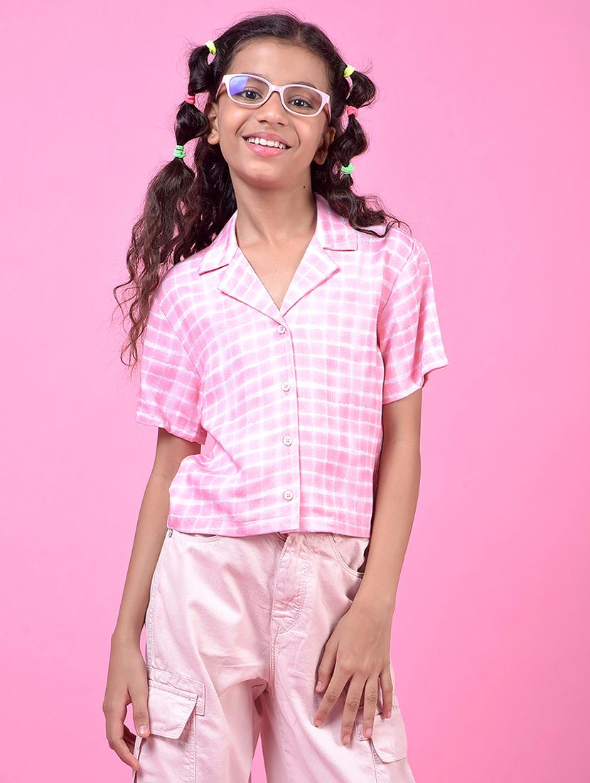 girls pink checkered lapel collar shirt - 21985443 -  Zoom Image - 0