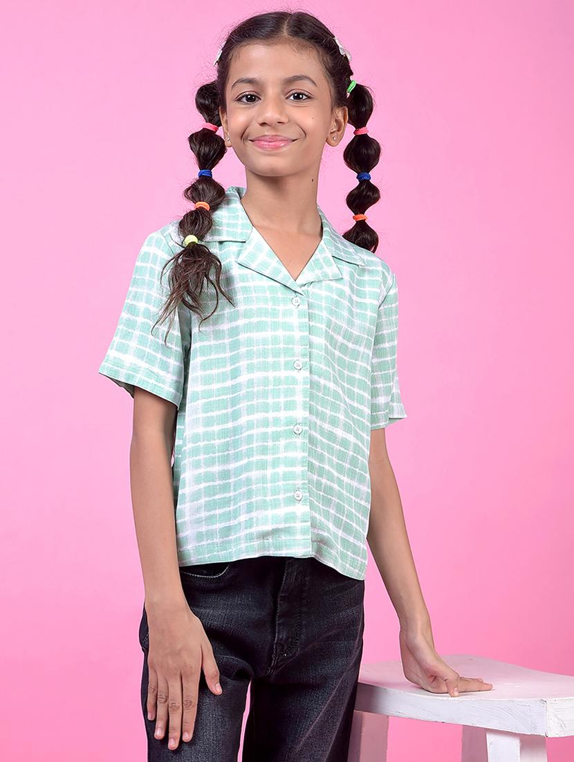 girls checkered lapel collar shirt