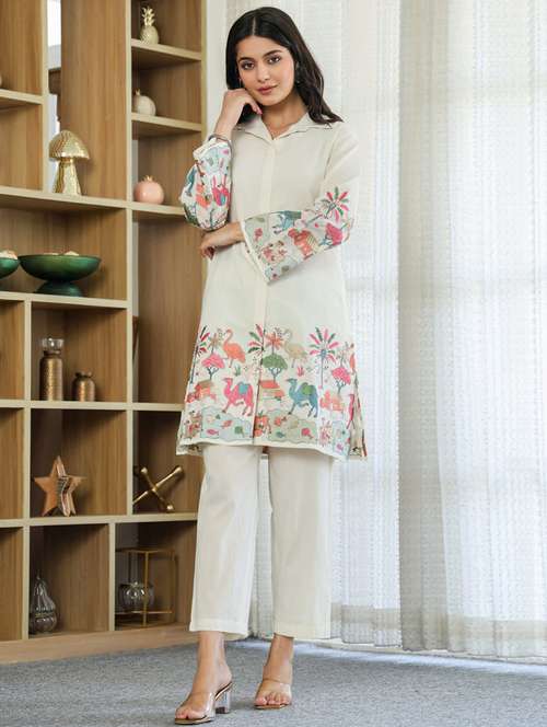 women solid with work long sleeve ethnic co-ord set - 21985449 -  Standard Image - 0