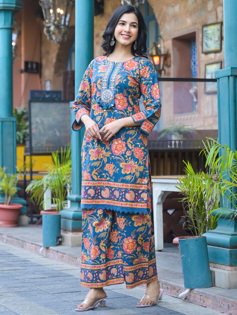 women floral three quarter sleeve kurta palazzo set - 21985451 -  Zoom Image - 0