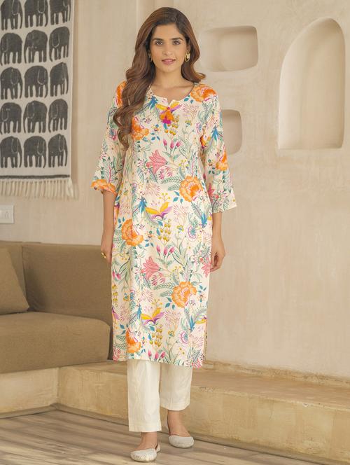 women floral three quarter sleeve kurta pant set - 21985519 - Standard Image - 0