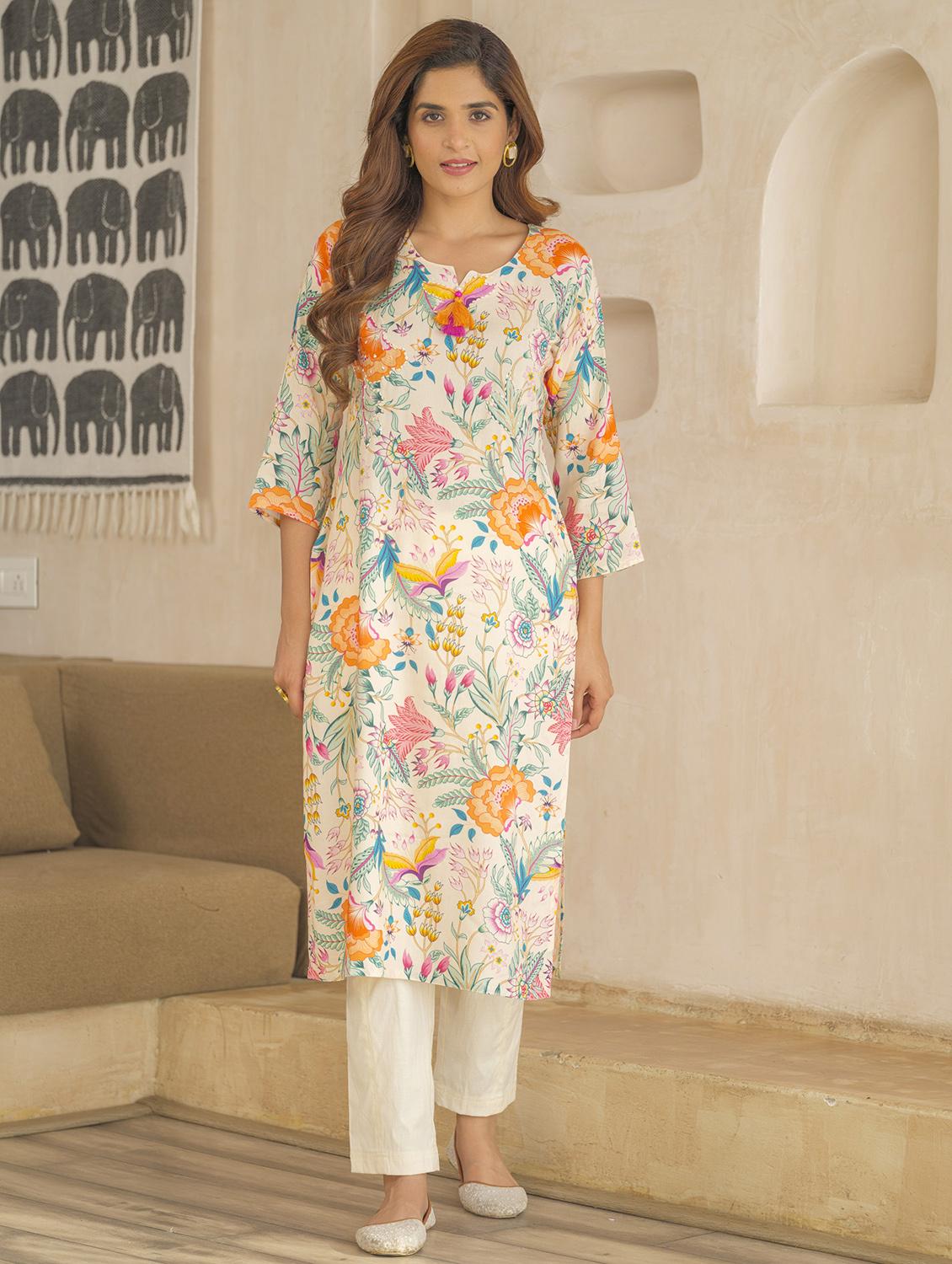 women floral three quarter sleeve kurta pant set - 21985519 - Zoom Image - 0
