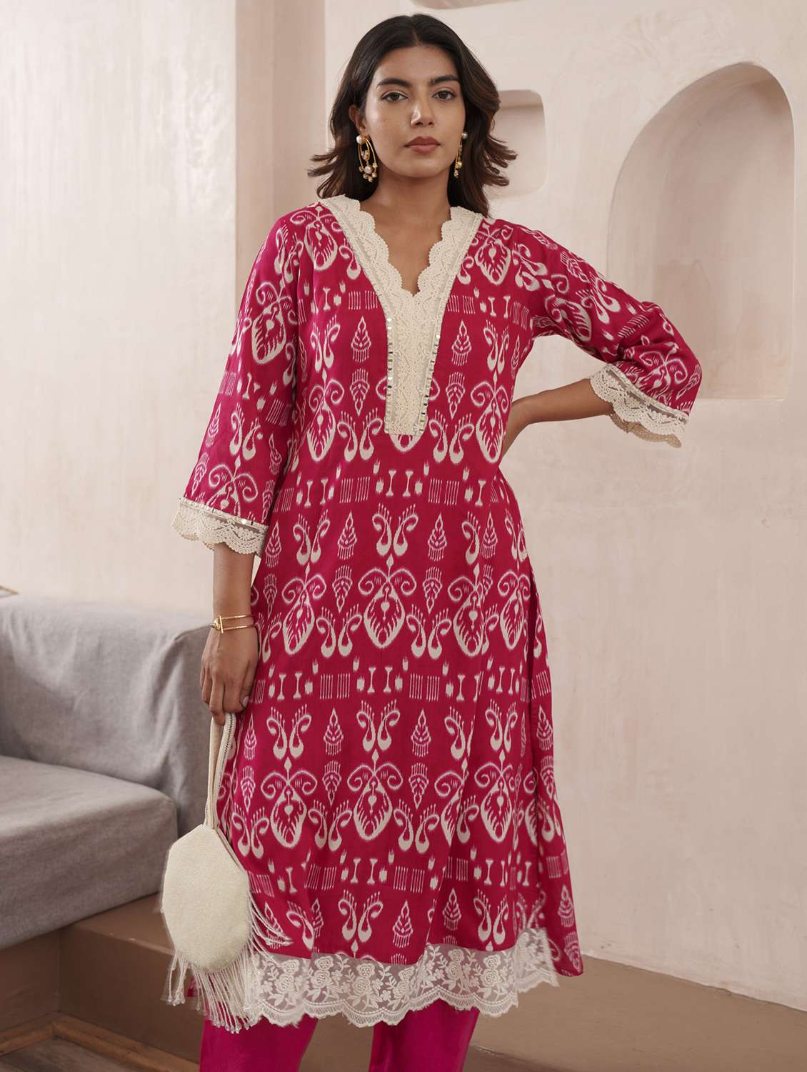 women ikat printed three quarter sleeve kurta pant set - 21985523 -  Standard Image - 3