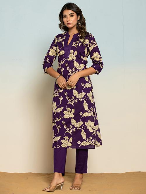 women floral three quarter sleeve kurta pant set - 21985525 -  Standard Image - 0