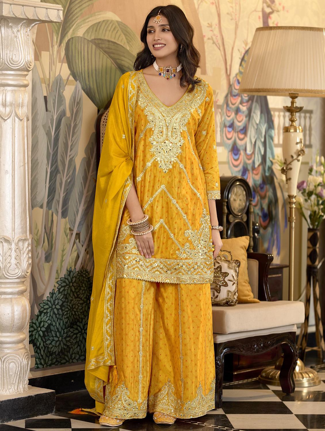 women three quarter sleeve kurta palazzo with dupatta set