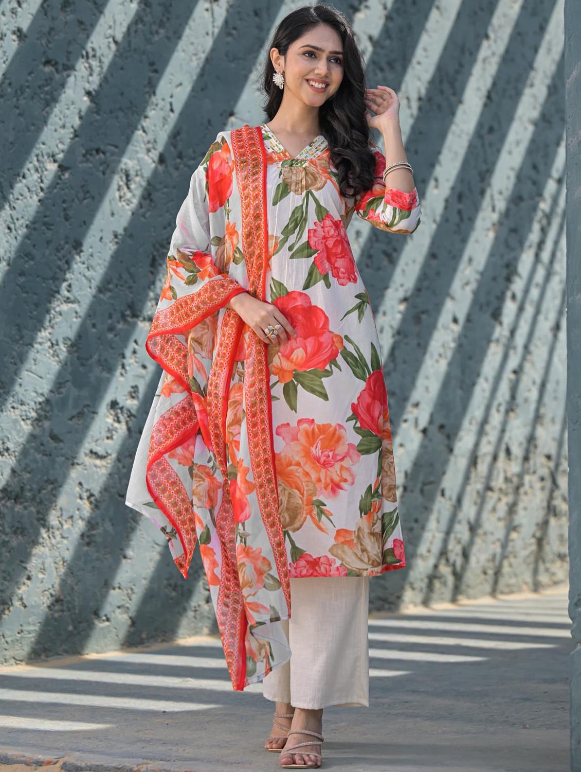 women floral three quarter sleeve kurta pant with dupatta set