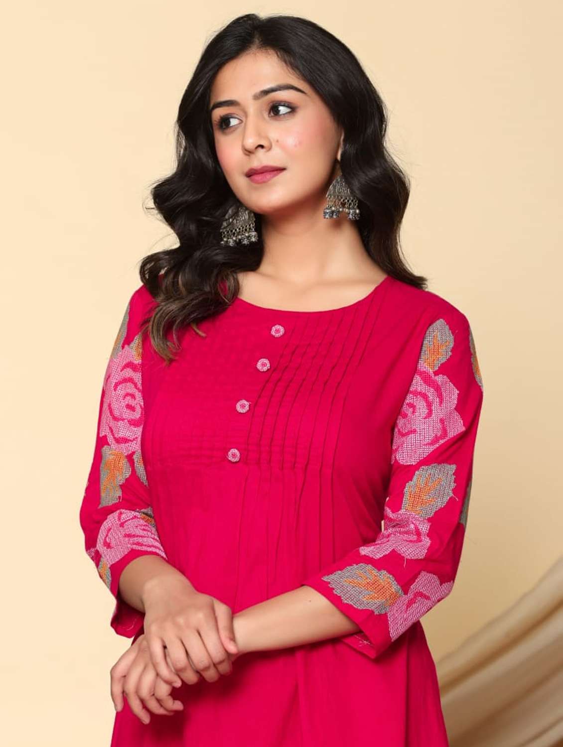 women solid with work three quarter sleeve kurta pant set - 21985558 -  Standard Image - 3