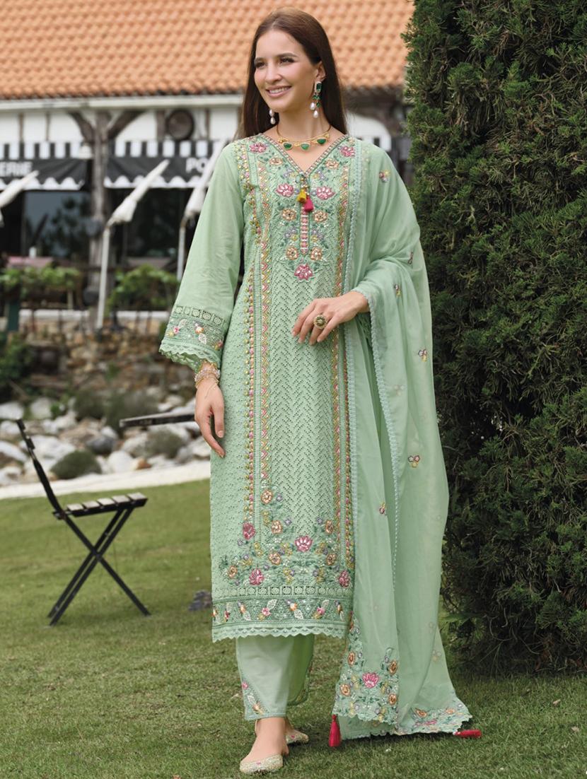 women solid with work long sleeve kurta pant with dupatta set - 21985572 - Zoom Image - 0