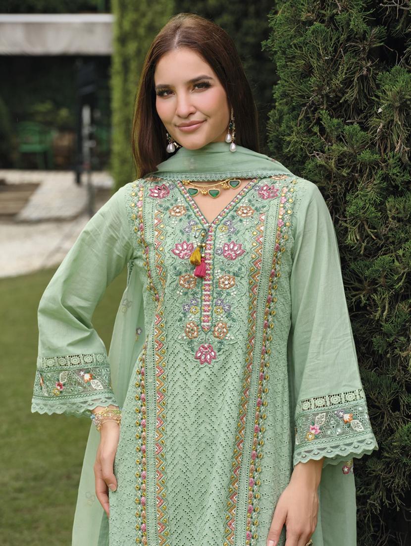 women solid with work long sleeve kurta pant with dupatta set - 21985572 - Standard Image - 3