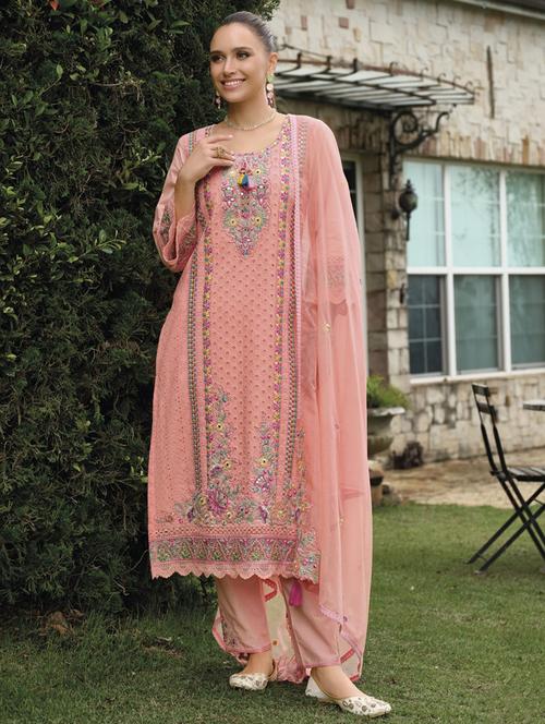 women solid with work long sleeve kurta pant with dupatta set - 21985573 - Standard Image - 0