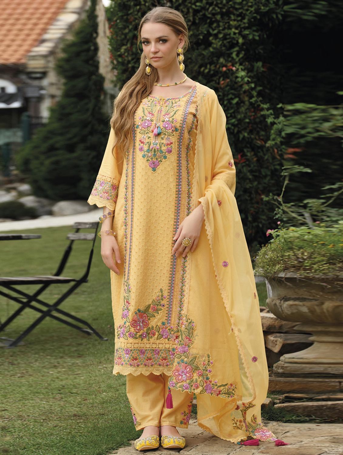 women solid with work long sleeve kurta pant with dupatta set - 21985575 - Zoom Image - 0