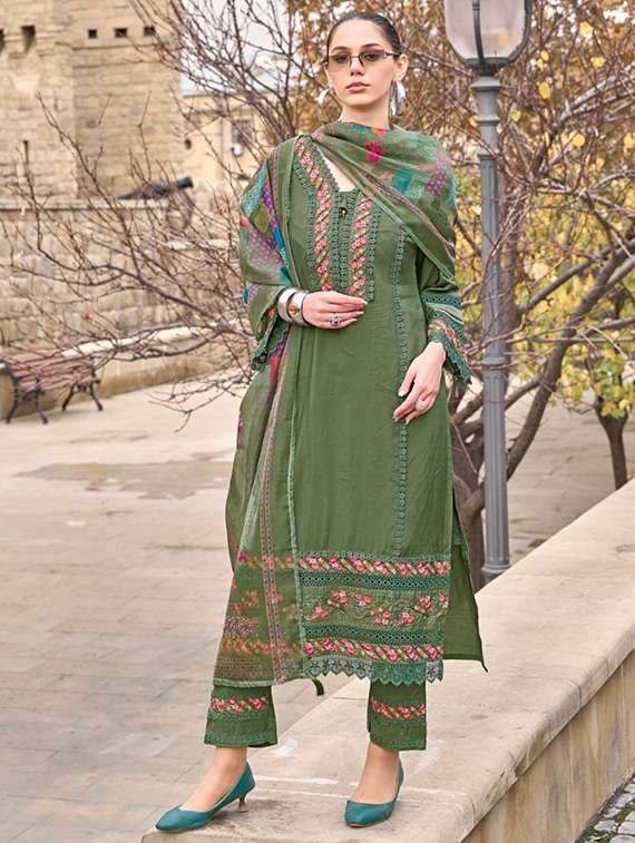 women solid with work long sleeve kurta pant with dupatta set