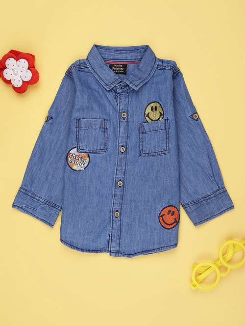 boys solid collared long sleeve denim shirt - 21985672 - Standard Image - 0