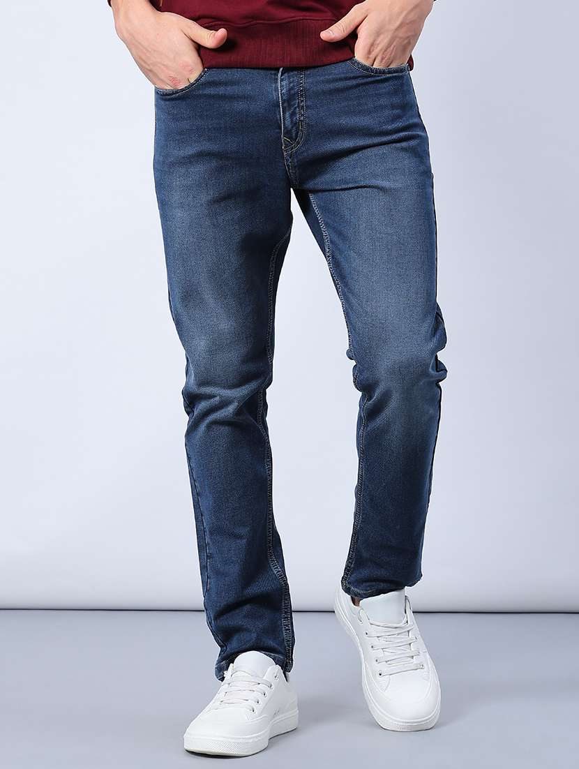 men washed mid rise full length jeans
