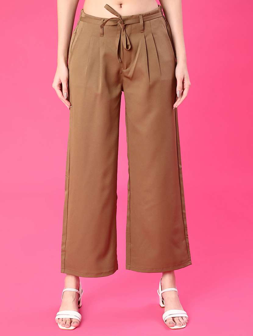 women brown cotton straight trouser