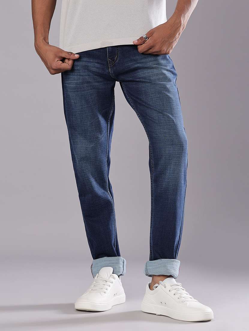 men solid mid rise straight fit jean