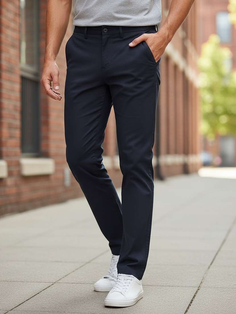 men solid mid rise chinos 