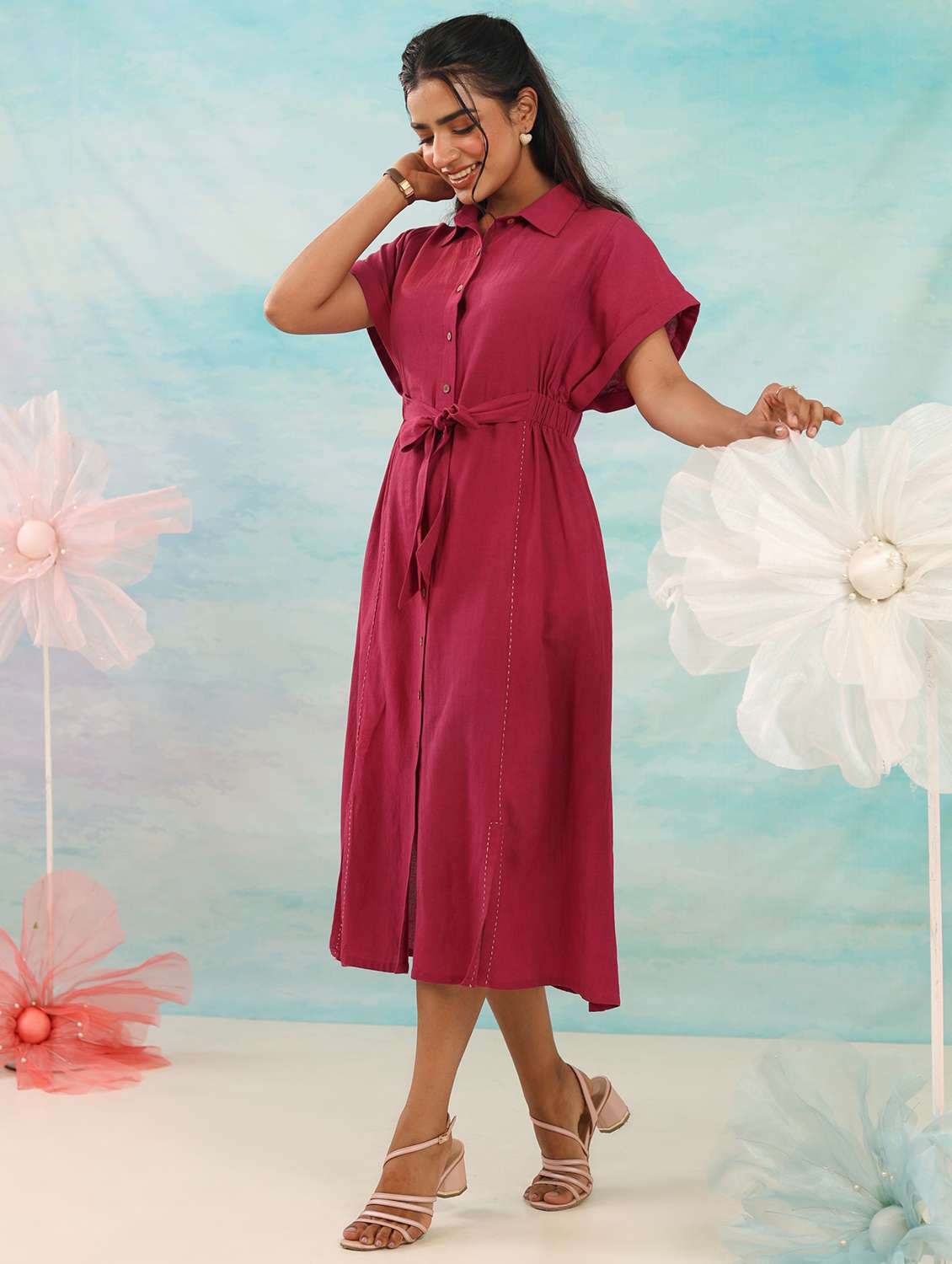 women solid collared short sleeve shirt dress dress