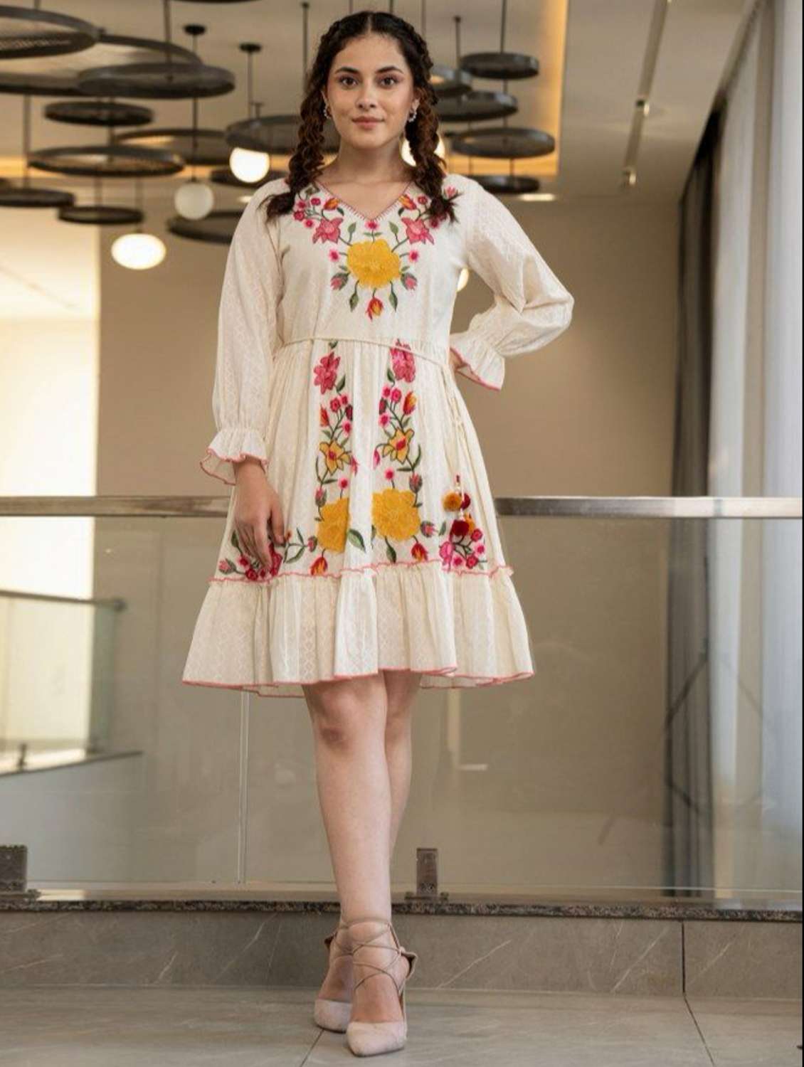 Buy online Women Cream Embroidered Long Sleeve Tiered Dress from
