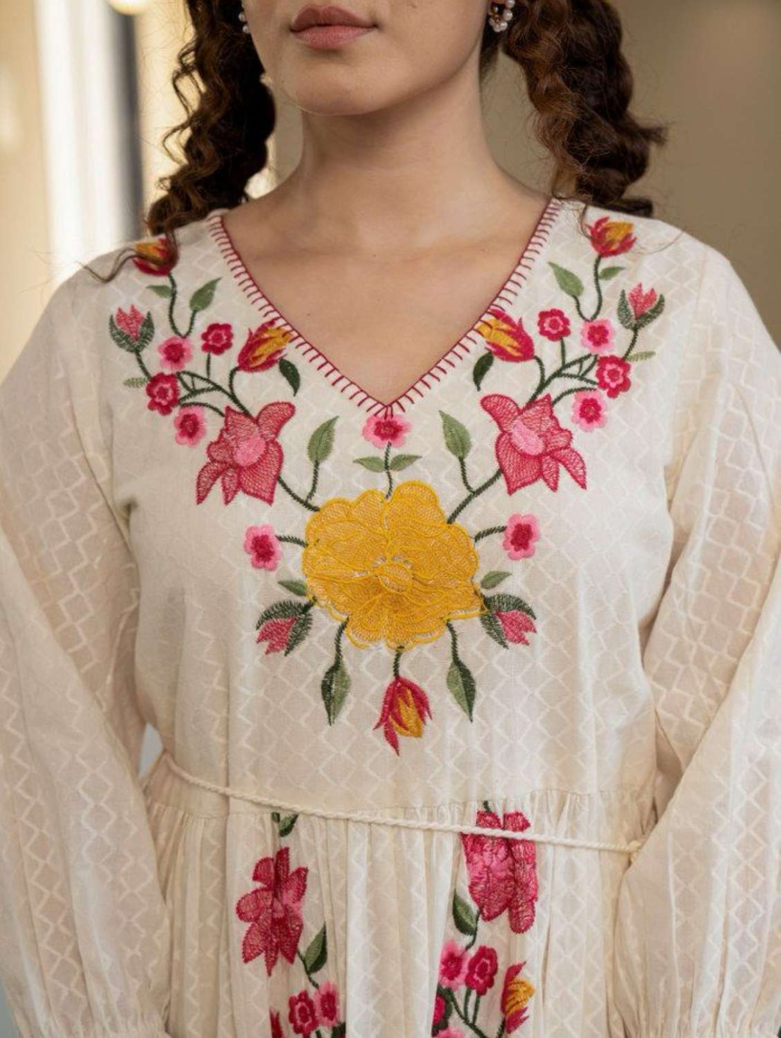 women cream embroidered long sleeve tiered dress - 21985973 - Standard Image - 3