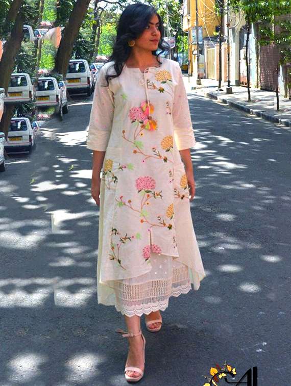 women floral embroidered tie up neck layered dress - 21985977 -  Zoom Image - 0