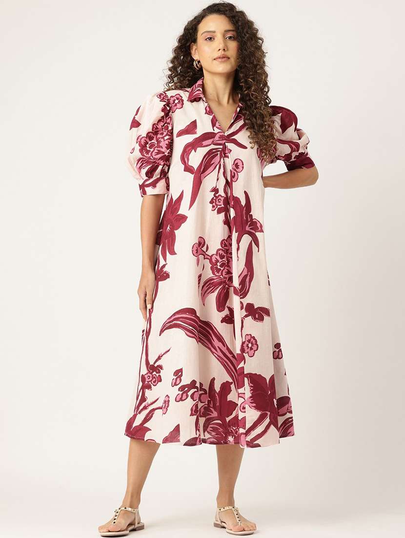 women printed puff sleeve collared a-line  dress