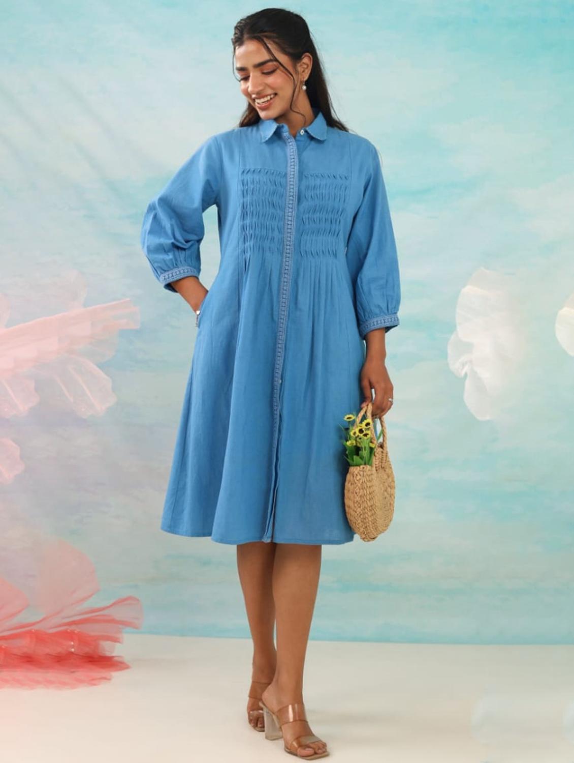 women blue solid collared a-line dress - 21985982 - Zoom Image - 0