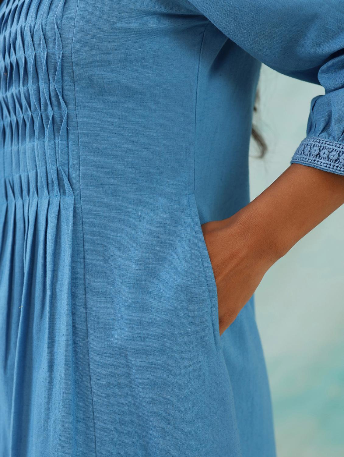 women blue solid collared a-line dress - 21985982 - Standard Image - 3