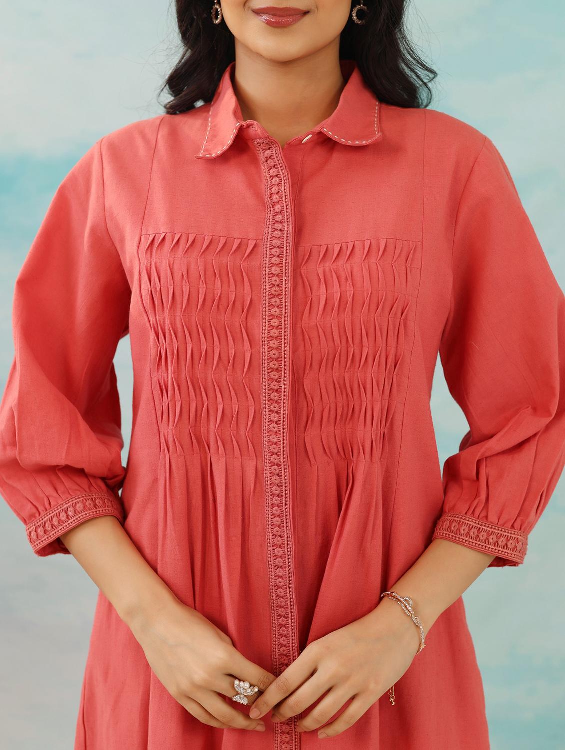 women peach solid collared puff sleeve a-line dress - 21985983 - Standard Image - 3