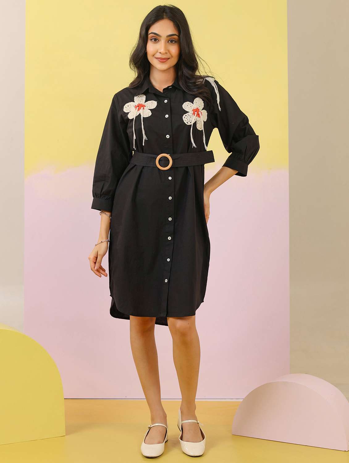 women embroidered collared shirt dress