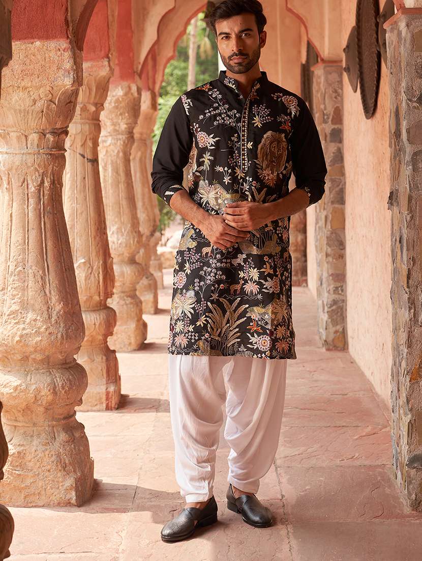 black silk blend kurta pyjama ethnic wear set