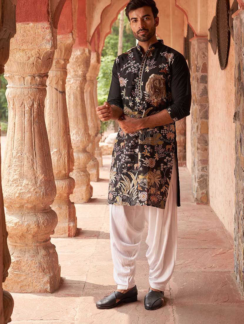 black silk blend kurta pyjama ethnic wear set - 21985988 -  Standard Image - 3