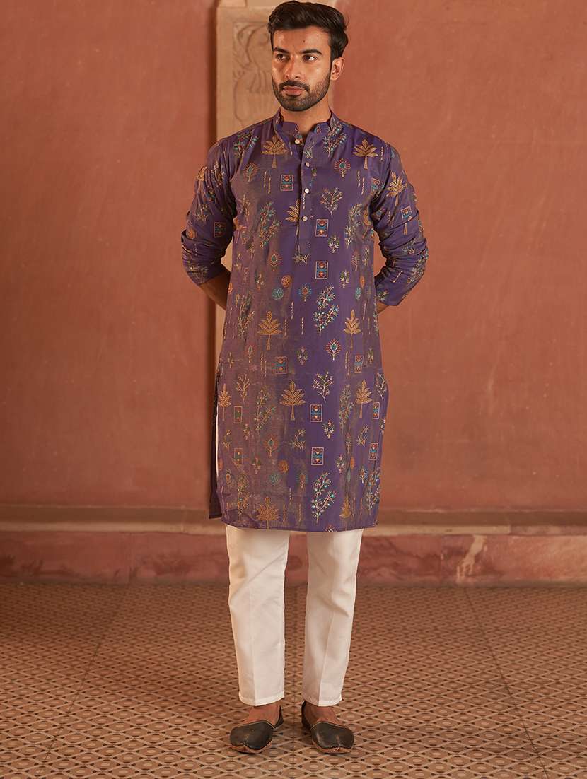 men embroidered mandarin collar kurta and pyjama set