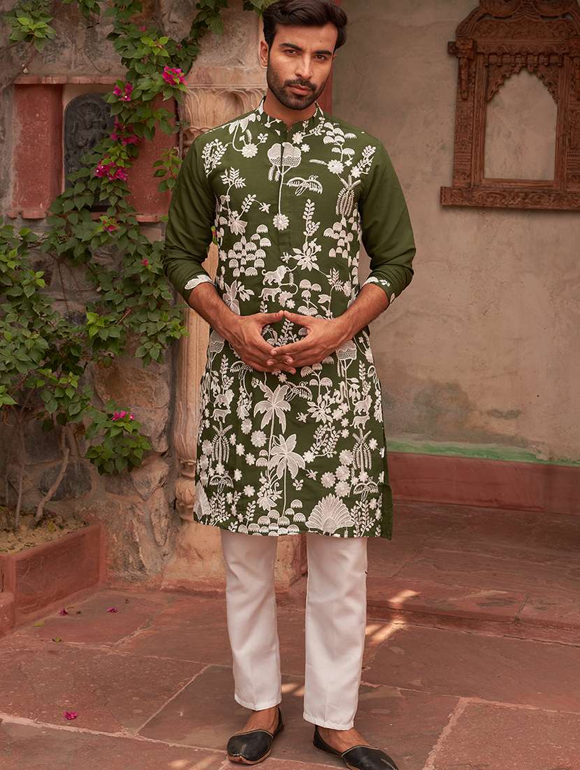 men embroidered long sleeve kurta and pyjama set
