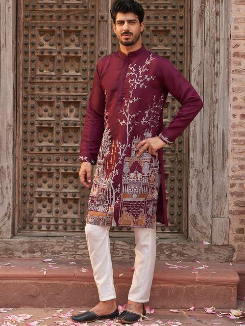men burgundy embroidered kurta & pyjama set - 21986004 -  Standard Image - 0