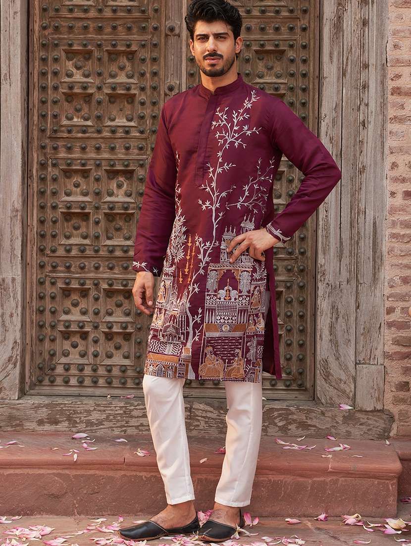 men burgundy embroidered kurta & pyjama set - 21986004 -  Zoom Image - 0