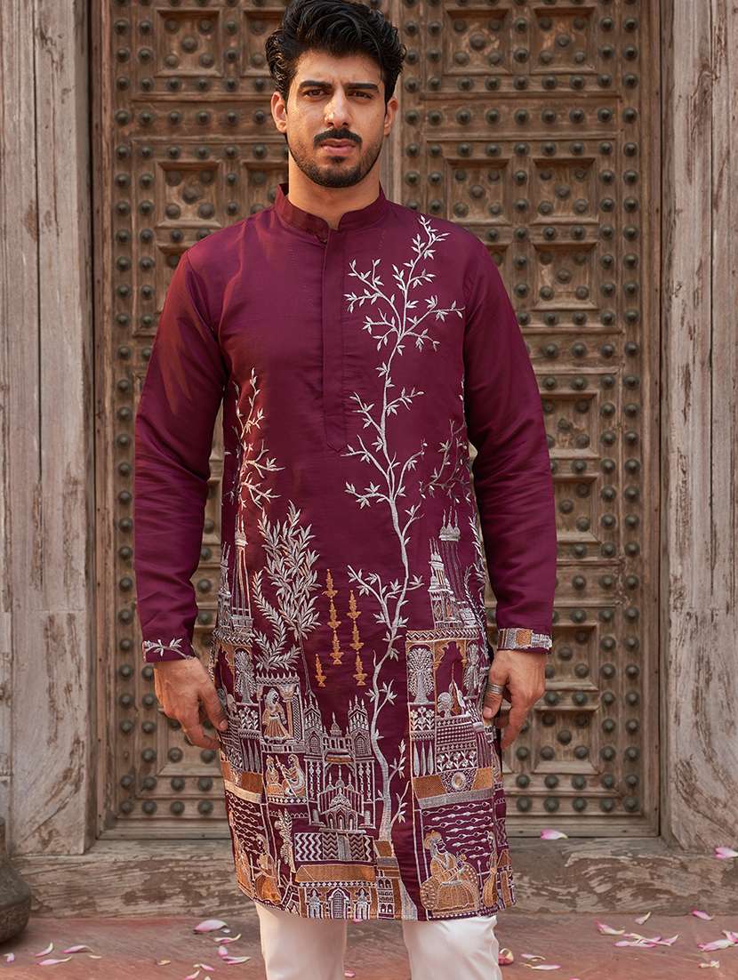 men burgundy embroidered kurta & pyjama set - 21986004 - Standard Image - 5