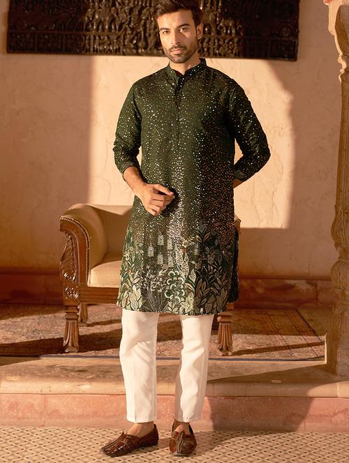 olive green silk blend kurta pyjama ethnic wear set - 21986005 - Standard Image - 0