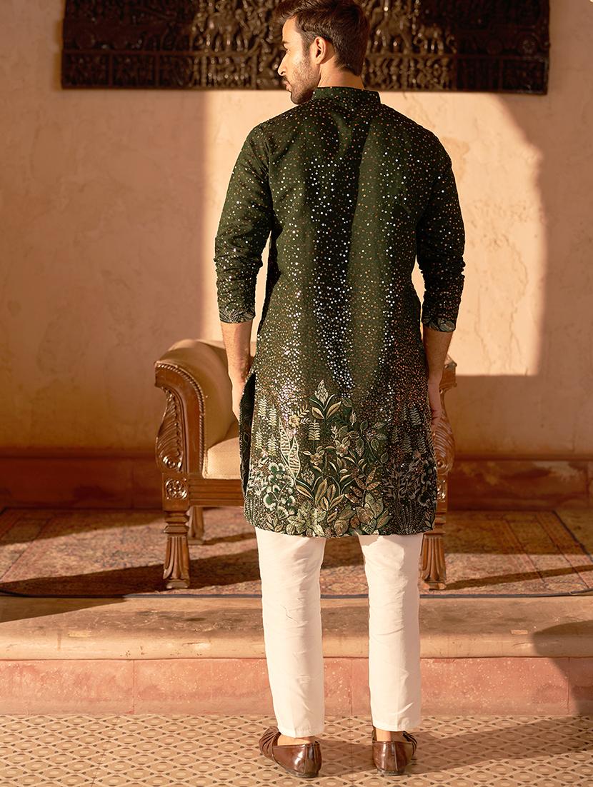 olive green silk blend kurta pyjama ethnic wear set - 21986005 - Standard Image - 3