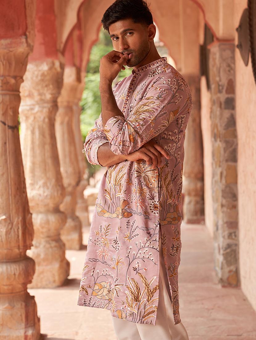 floral embroidered silk blend kurta pyjama - 21986007 - Standard Image - 5