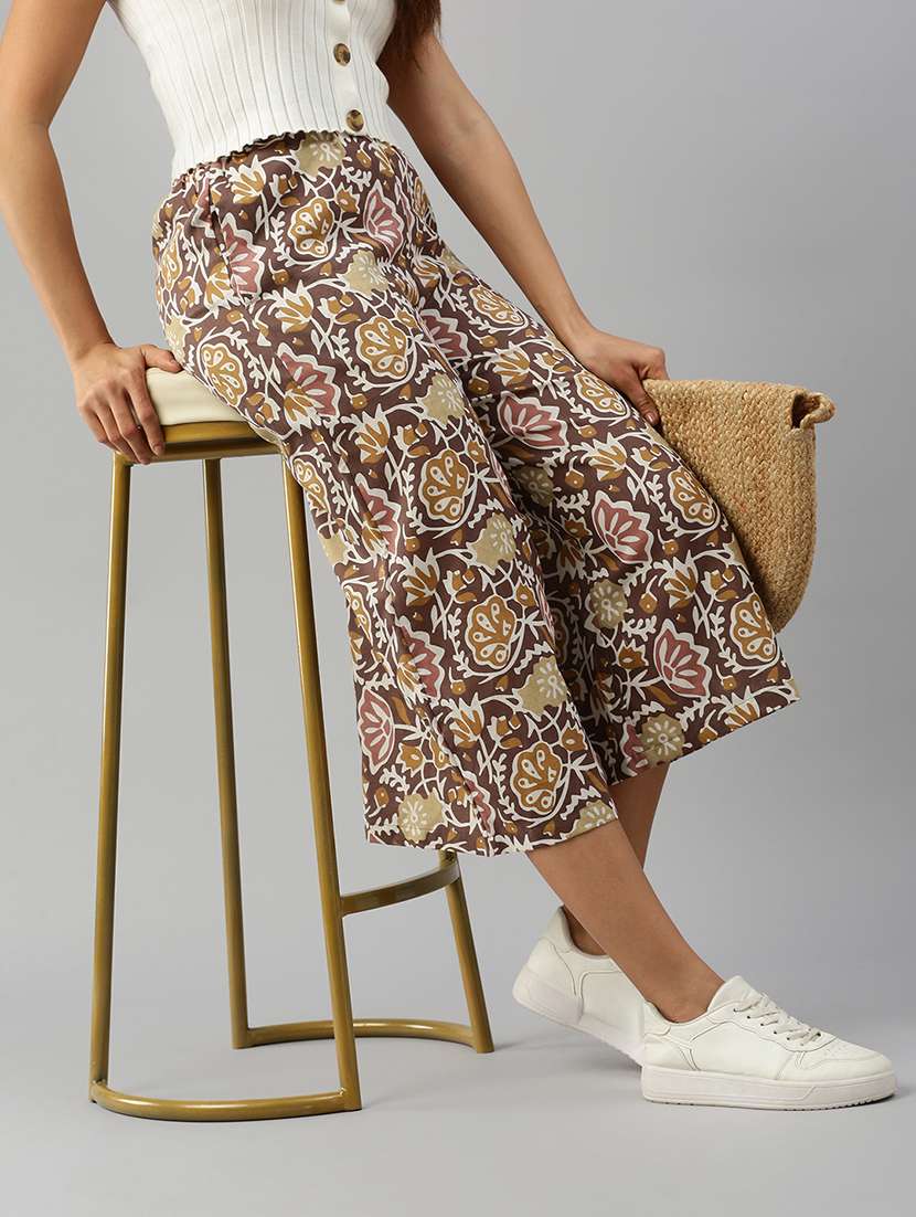 women brown printed mid rise culotte