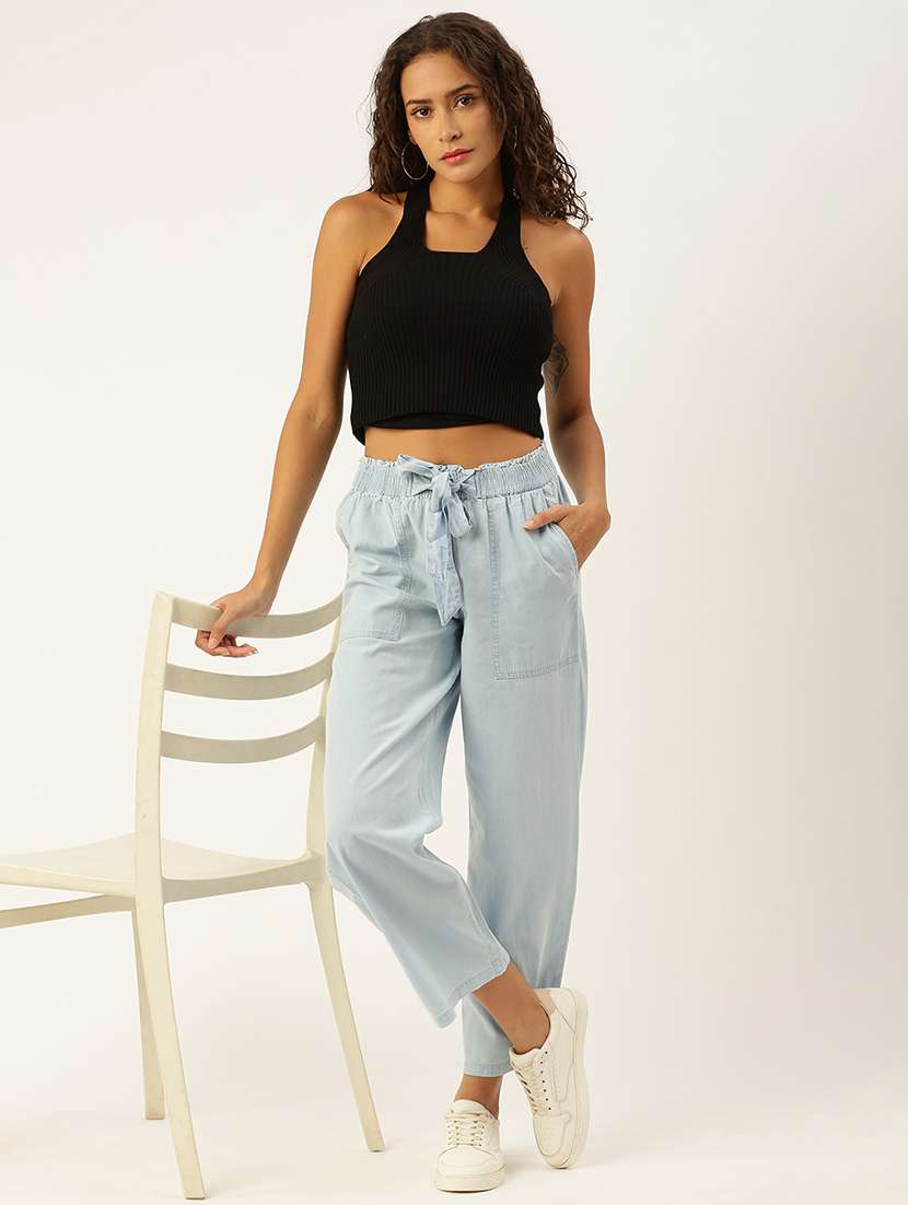 women light blue solid mid rise straight trouser - 21986014 - Standard Image - 3