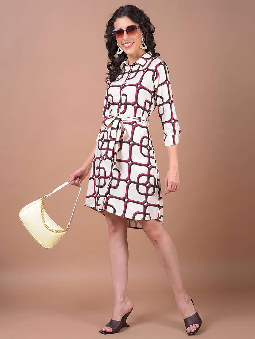 women geometric print collared shirt dress