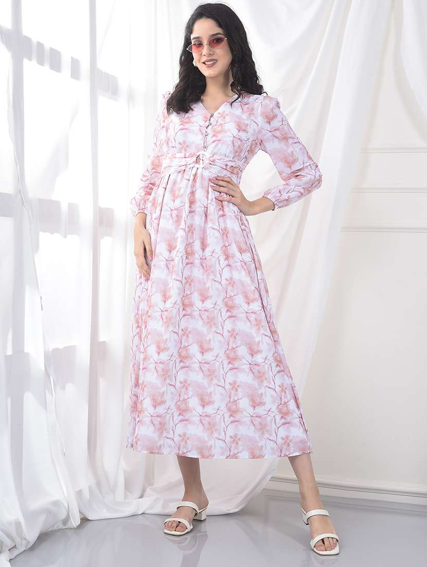 women floral print puff sleeve fit & flare dress