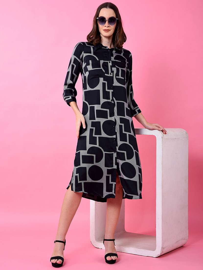 women black printed mandarin collar shirt dress