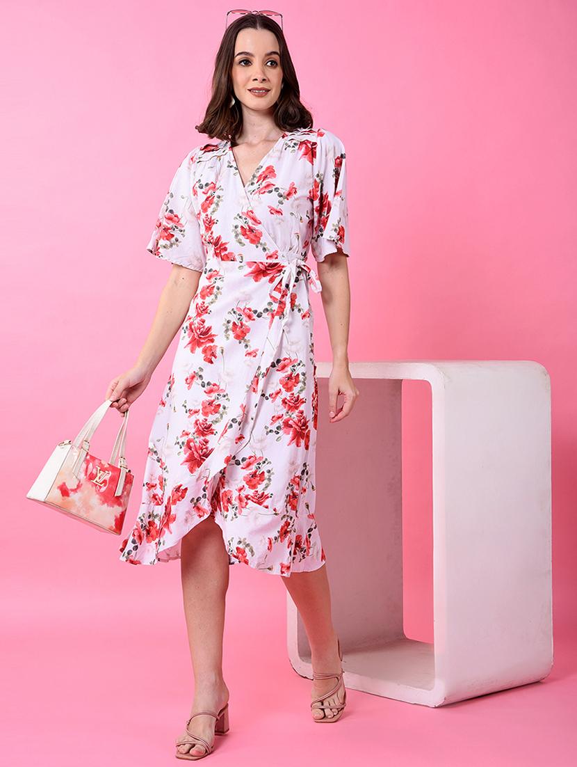 women floral print flared sleeve wrap dress - 21986026 - Zoom Image - 0